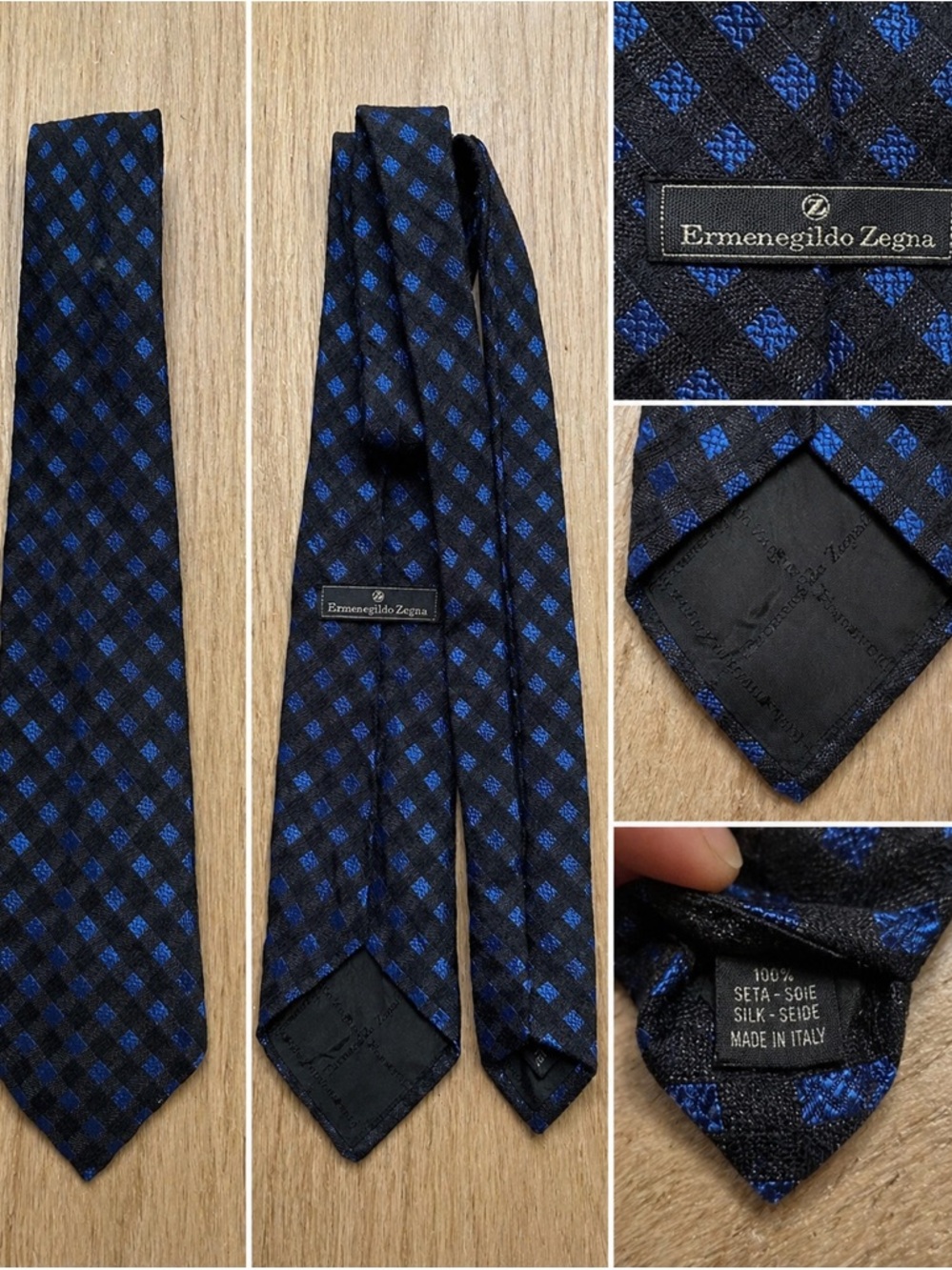 Ermenegildo Zegna Silk Tie Blue Black Geometric Pattern Made in Italy